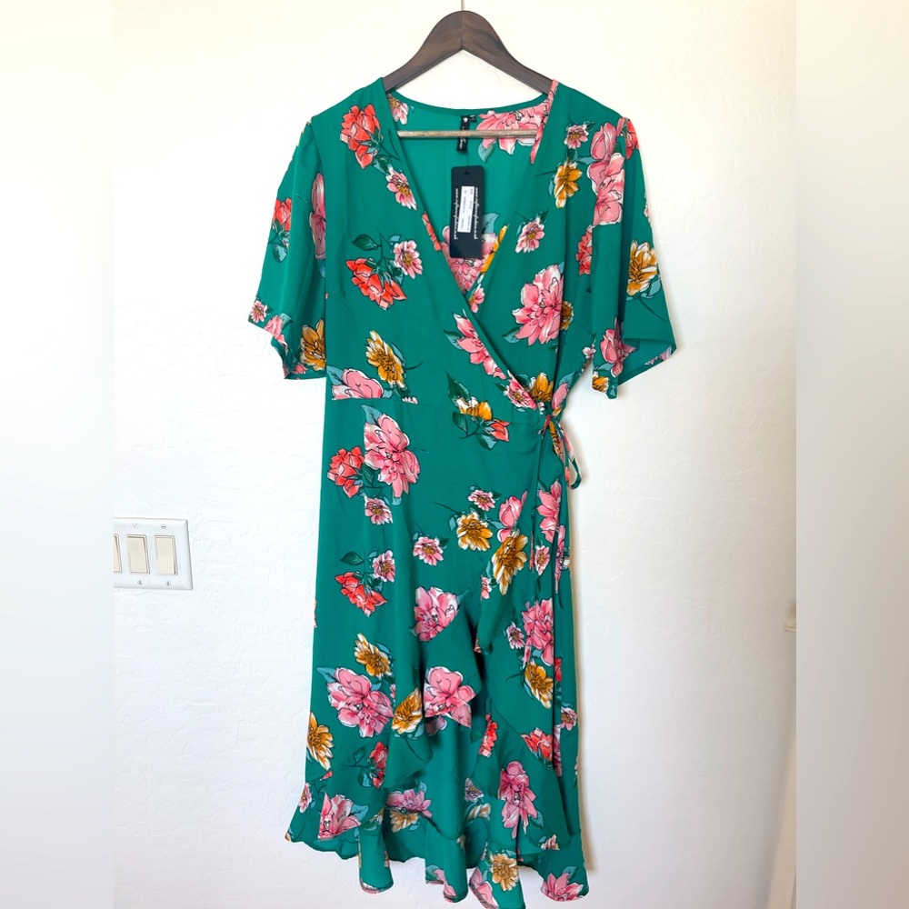 Green floral wrap dress